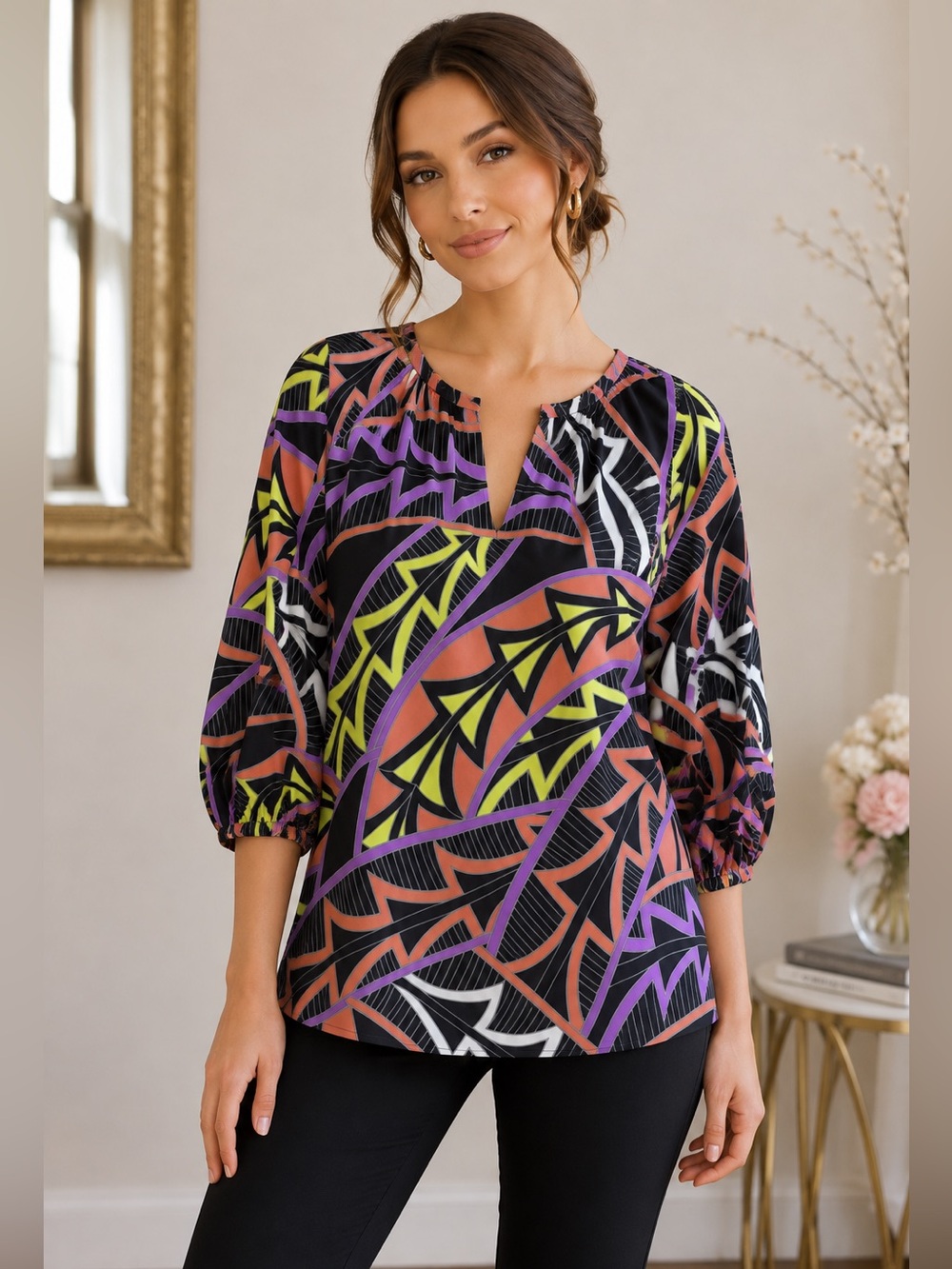 Gibson Latimer Abstract Print Tie Neck Blouse 3/4 Sleeve NWT